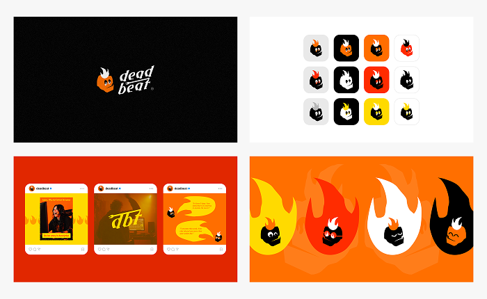 Deadbeat brand overview: the wordmark and mascot on black, a twelve-icon expression grid, three Instagram post mockups, and four flame-face icons