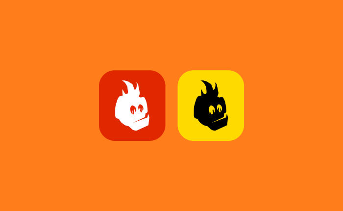 Deadbeat mascot shown in two colorways: red with a white flame, yellow with a black flame