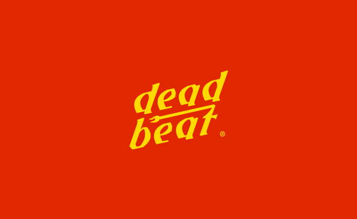 Deadbeat wordmark in yellow on a red background
