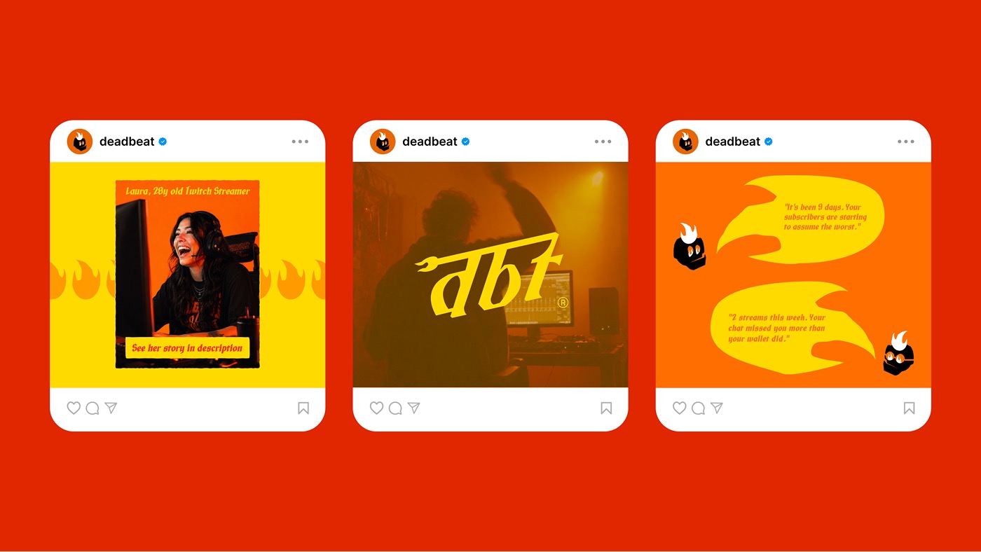 Three Deadbeat Instagram post mockups: a streamer spotlight, the dbt wordmark, and roast and hype message bubbles