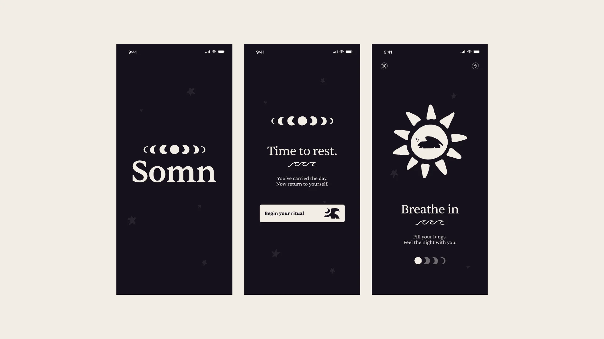 Somn app screens showing the splash screen with moon phase lockup and Somn wordmark, the home screen with Time to rest message, and the ritual screen with Breathe in breathing exercise