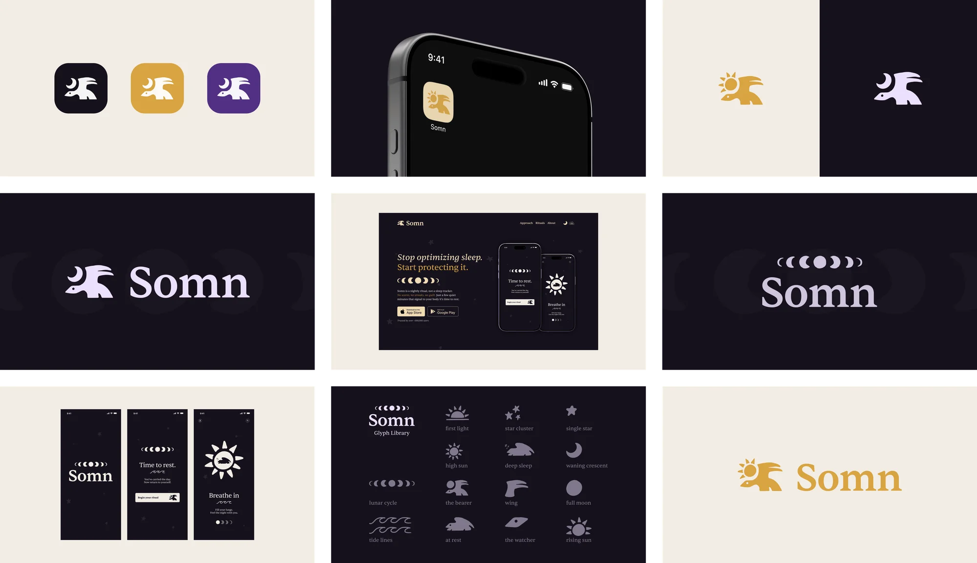 Somn brand identity overview showing app icons, logotype, landing page, app screens, and glyph library