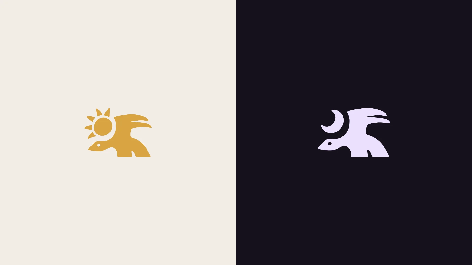 Somn creature mark shown with sun glyph on cream background and moon glyph on dark background, representing the day and night concept