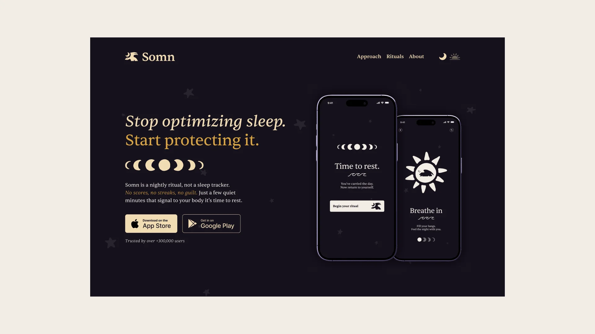 Somn landing page hero section with headline Stop optimizing sleep. Start protecting it., moon phase progress bar, and two app screens showing the ritual interface