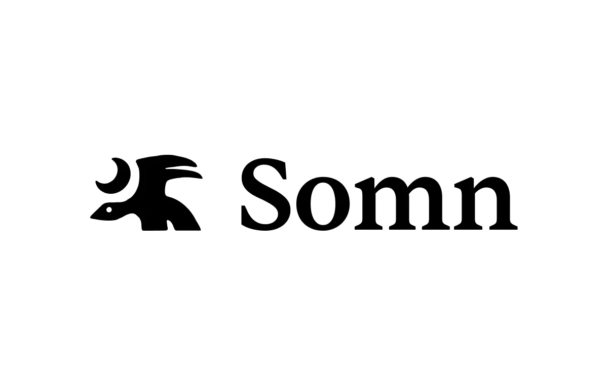 Somn brand identity, a hand-drawn mythological creature mark for a sleep ritual app