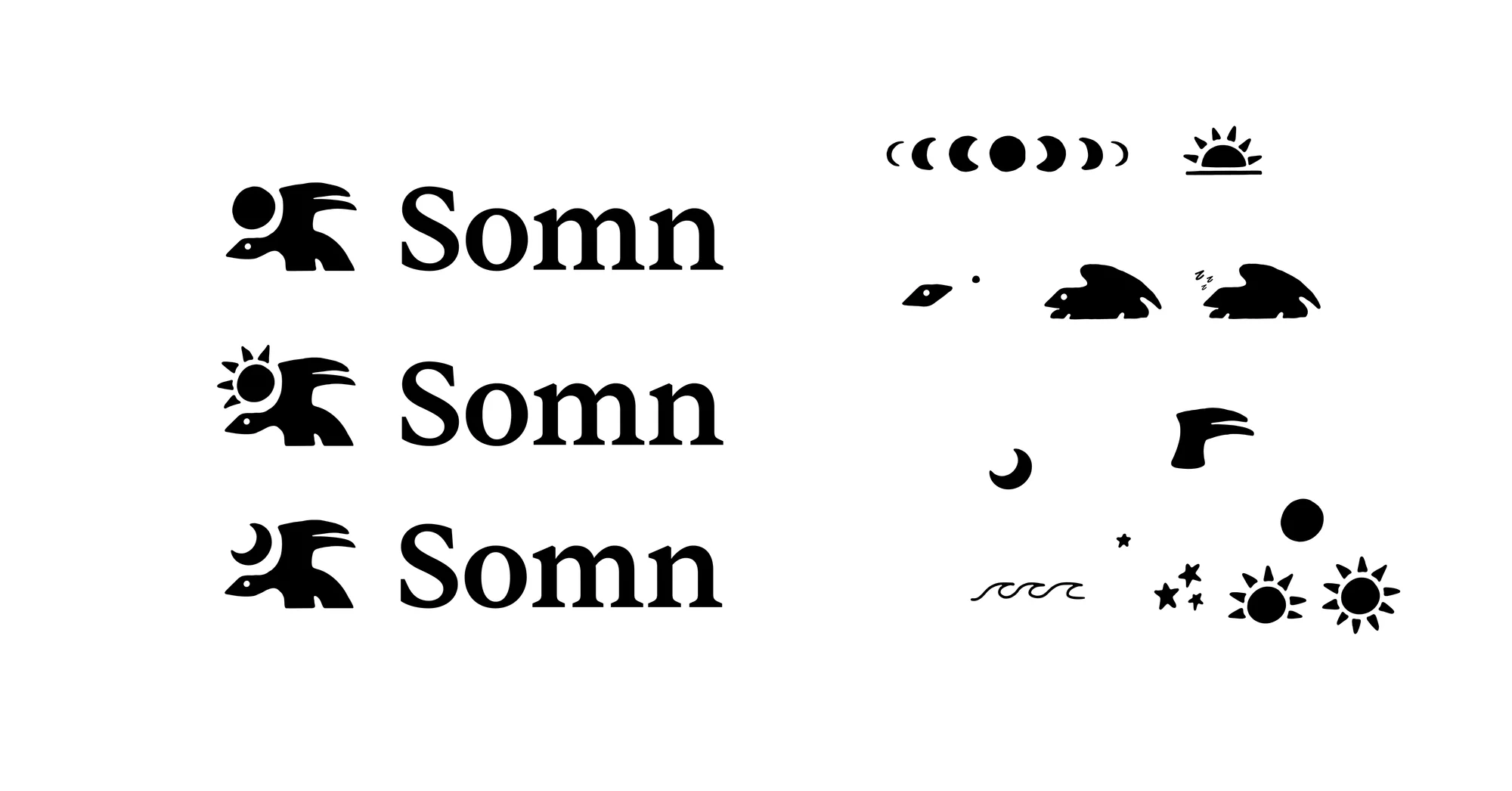 Somn logo system showing three lockup variations with sun, moon and crescent glyphs, plus the full brand glyph set in black